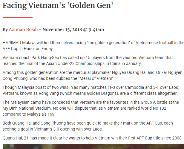 Bài viết trên tờ News Straits Times (bằng tiếng Anh) Việt nam, Malaysia vs Việt Nam, AFF Cup 2018
